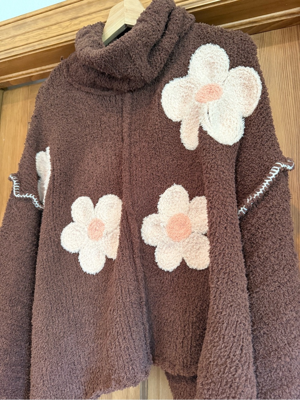 POL Brown Cropped Turtleneck Sweater with Cream & Pink Floral Appliqués - Picture 2 of 5